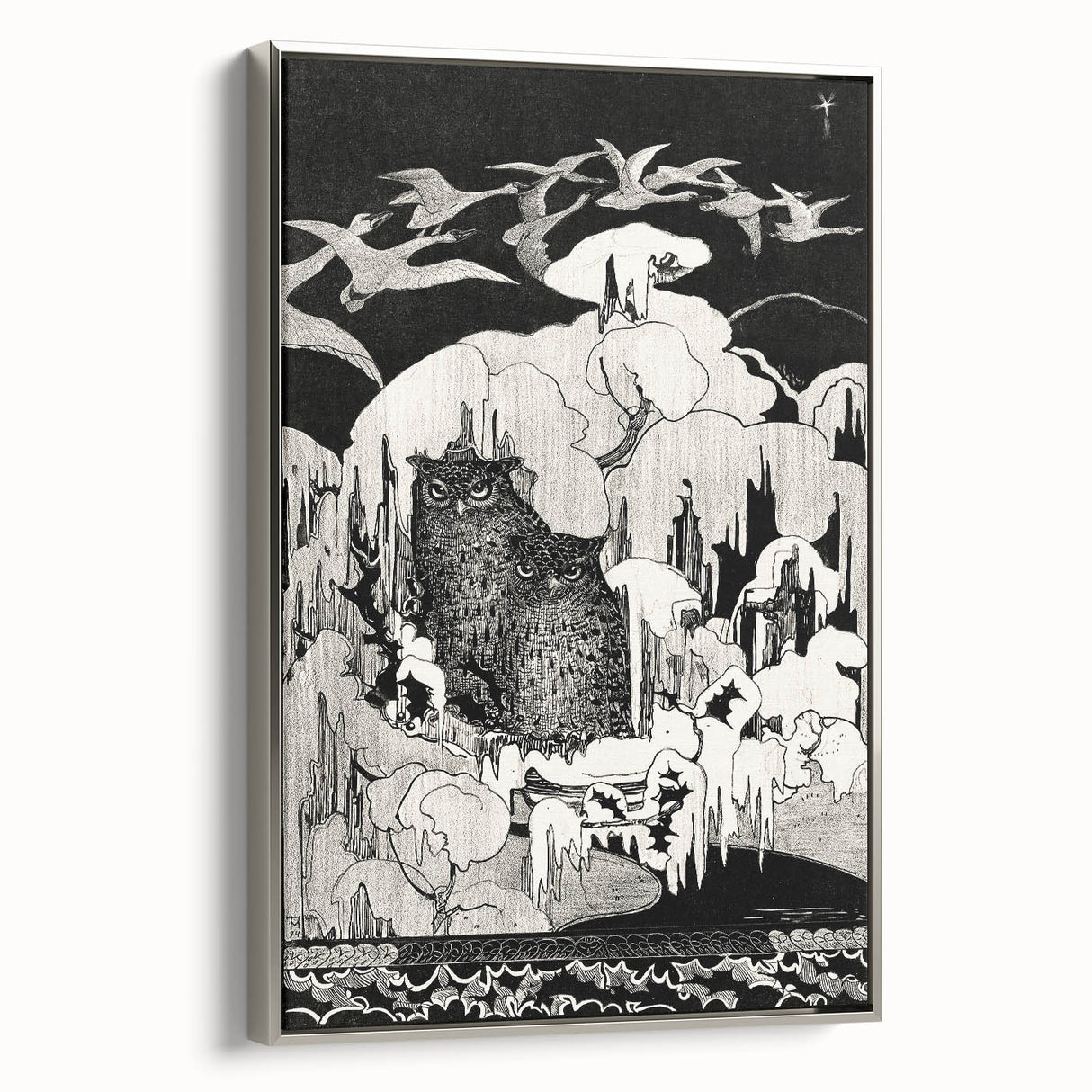 Dark Decor Style - Mysterious Owls Illustration on Gothic Canvas Print