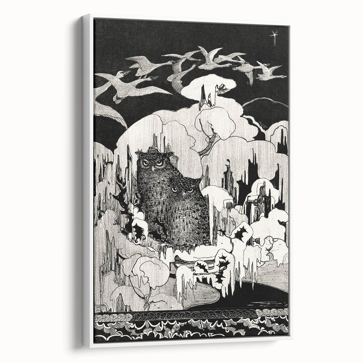 Dark Decor Style - Mysterious Owls Illustration on Gothic Canvas Print