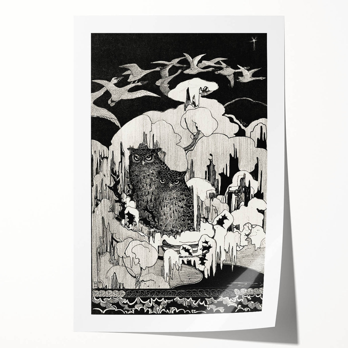 Dark Decor Style - Mysterious Owls Illustration on Gothic Canvas Print