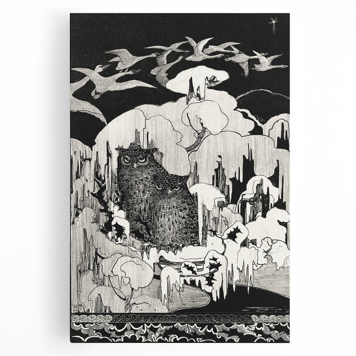 Dark Decor Style - Mysterious Owls Illustration on Gothic Canvas Print