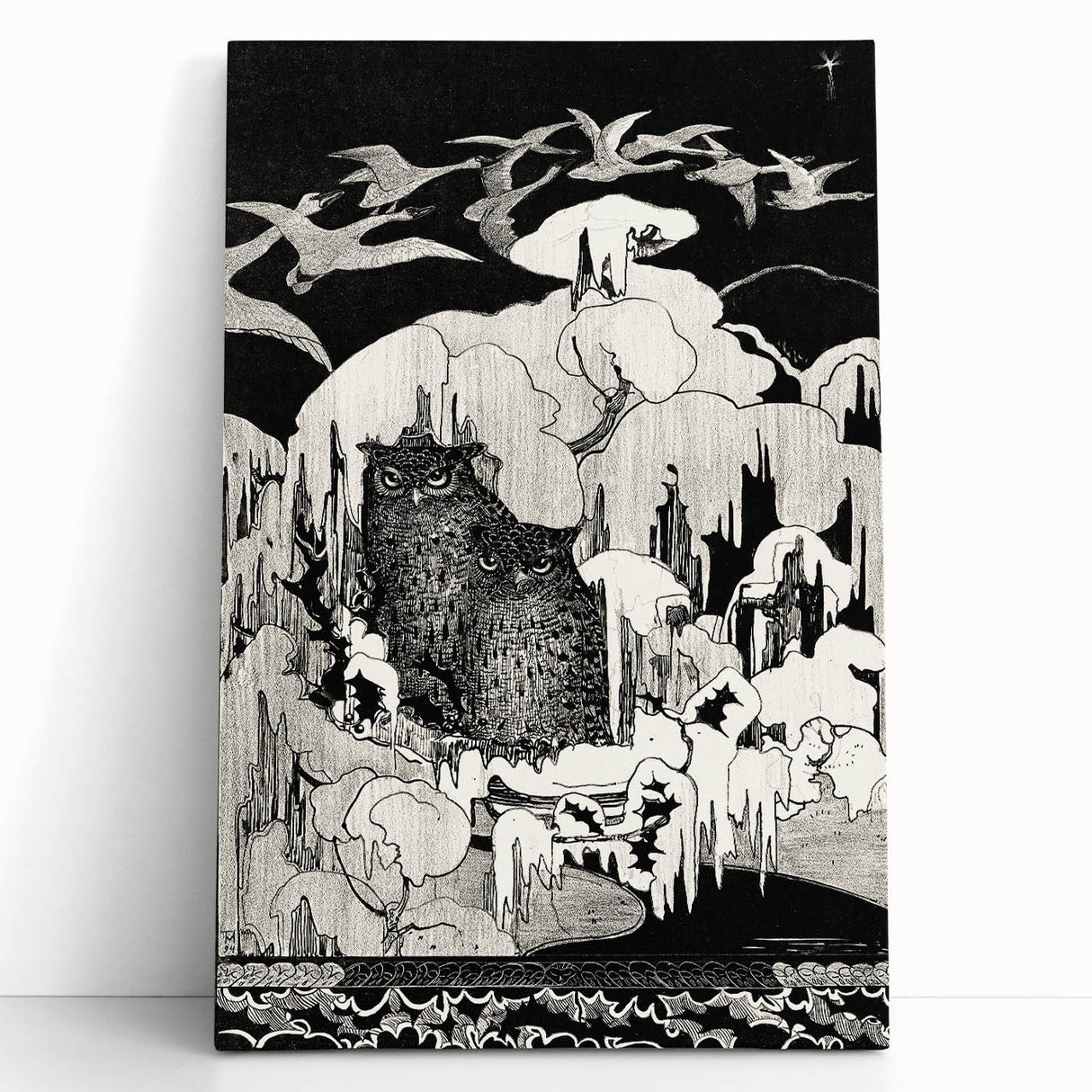 Dark Decor Style - Mysterious Owls Illustration on Gothic Canvas Print