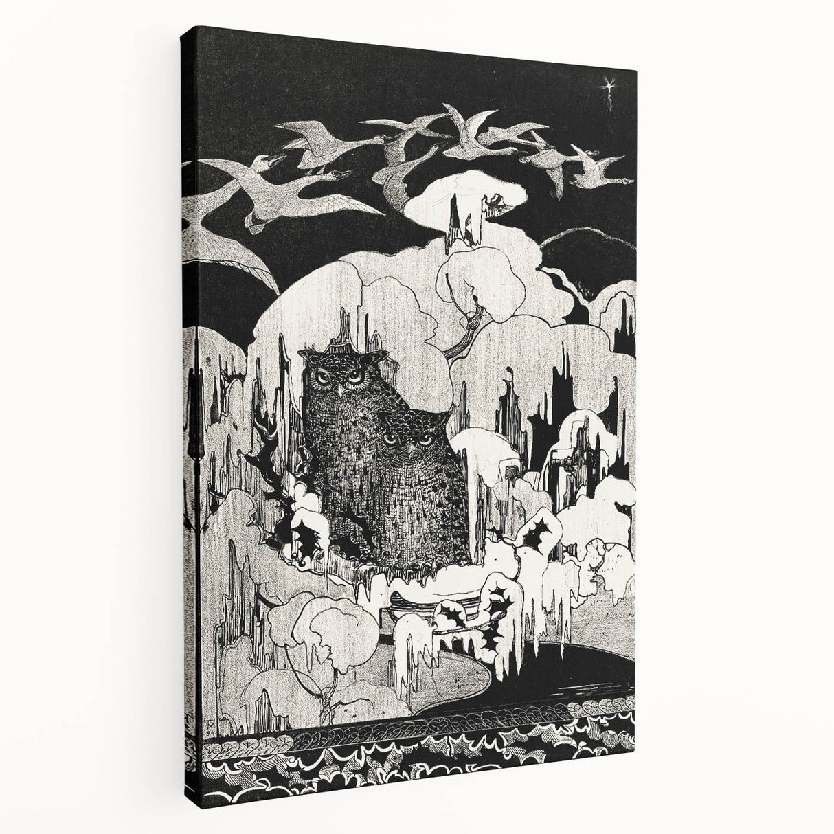 Dark Decor Style - Mysterious Owls Illustration on Gothic Canvas Print