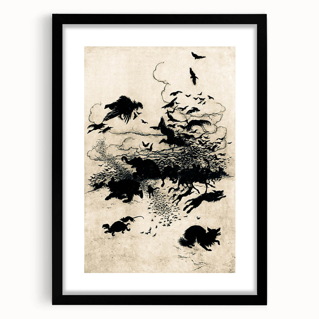 Dark Gothic Art: Mysterious Crows and Wolves in Vintage Gothic Print