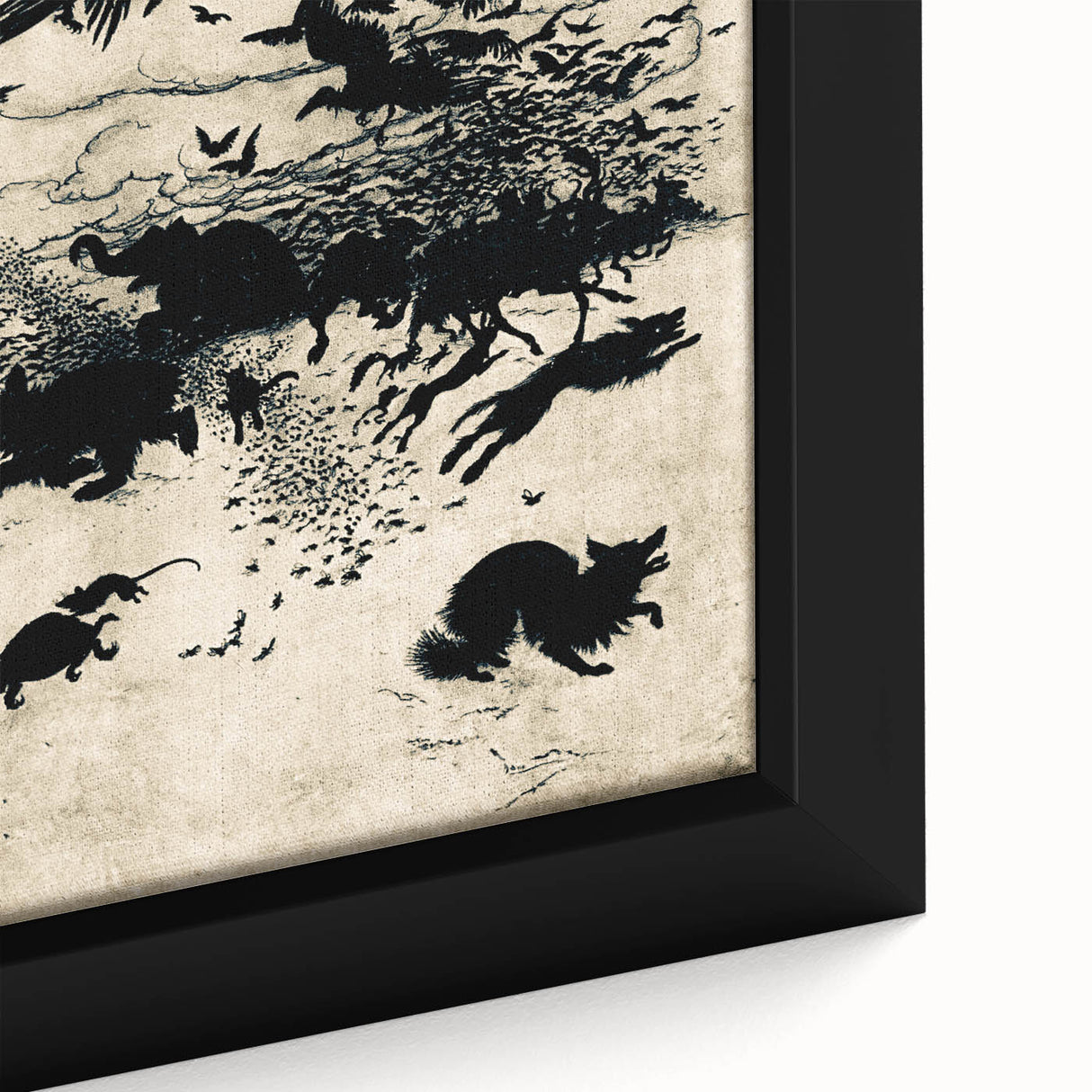 Dark Gothic Art: Mysterious Crows and Wolves in Vintage Gothic Print