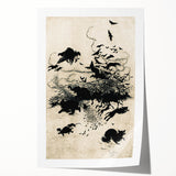 Dark Gothic Art: Mysterious Crows and Wolves in Vintage Gothic Print