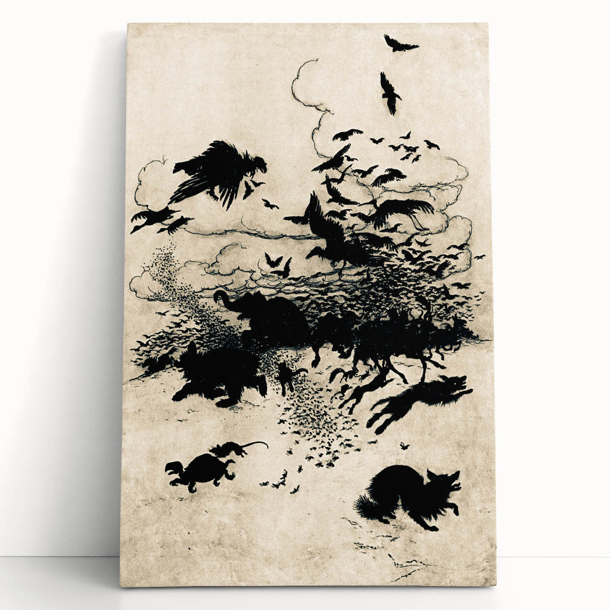 Dark Gothic Art: Mysterious Crows and Wolves in Vintage Gothic Print