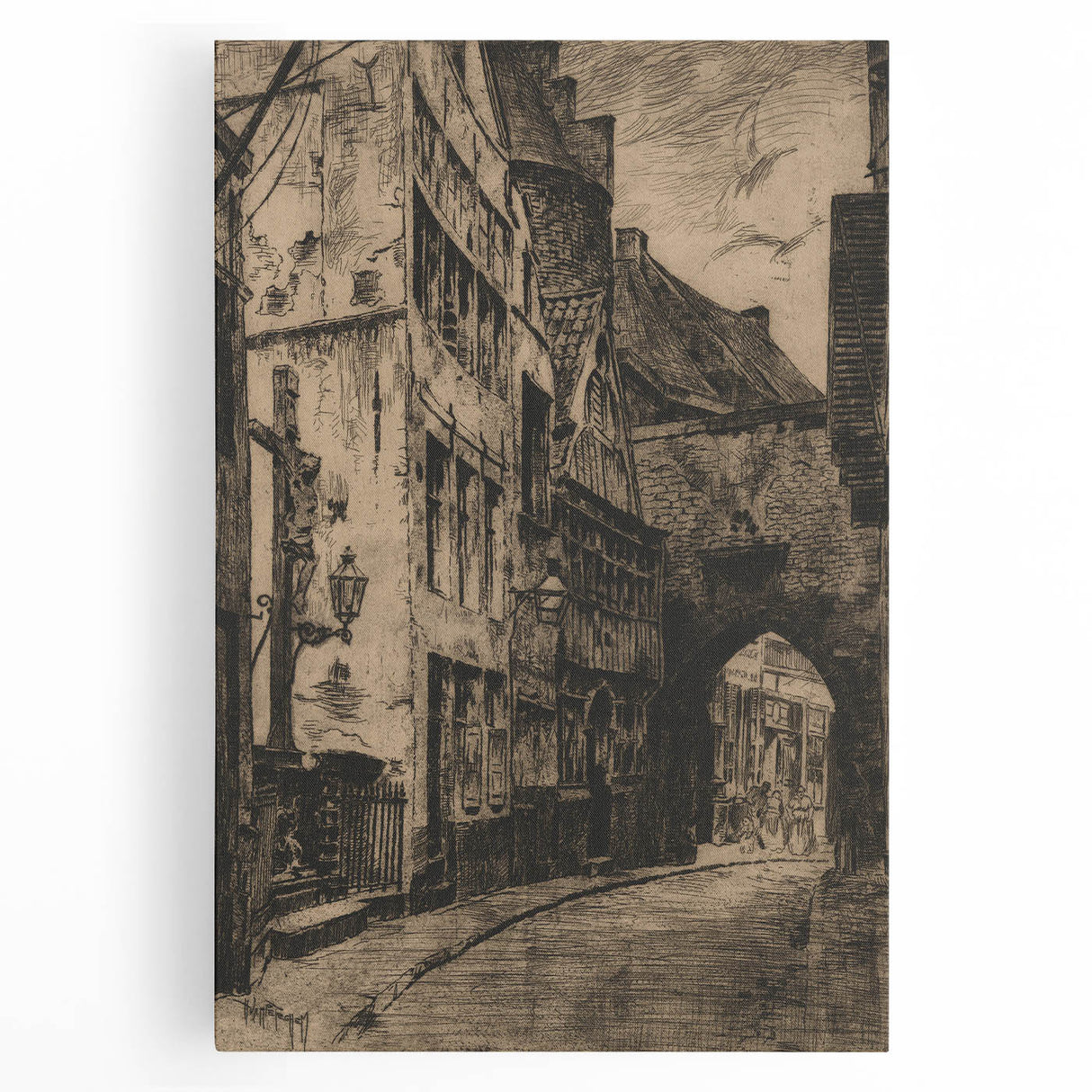 Gothic Wall Art: Medieval Street Scene in Vintage Architecture Print