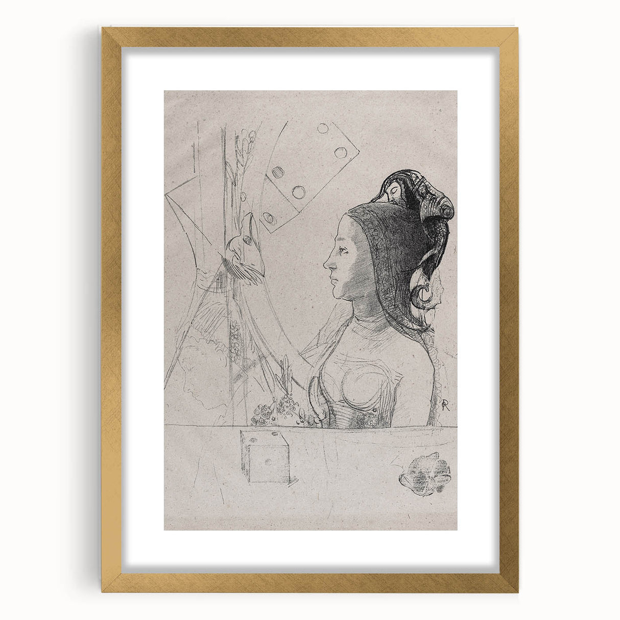 Gothic Wall Art – Intricate Vintage Gothic Sketch of Woman and Symbols
