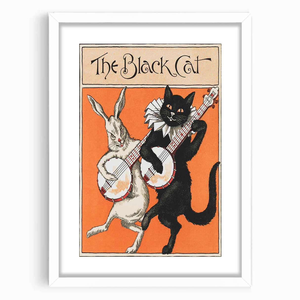 Whimsical Black Cat and Rabbit Grunge Wall Art - Vintage Canvas Print