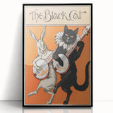 Whimsical Black Cat and Rabbit Grunge Wall Art - Vintage Canvas Print