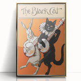 Whimsical Black Cat and Rabbit Grunge Wall Art - Vintage Canvas Print