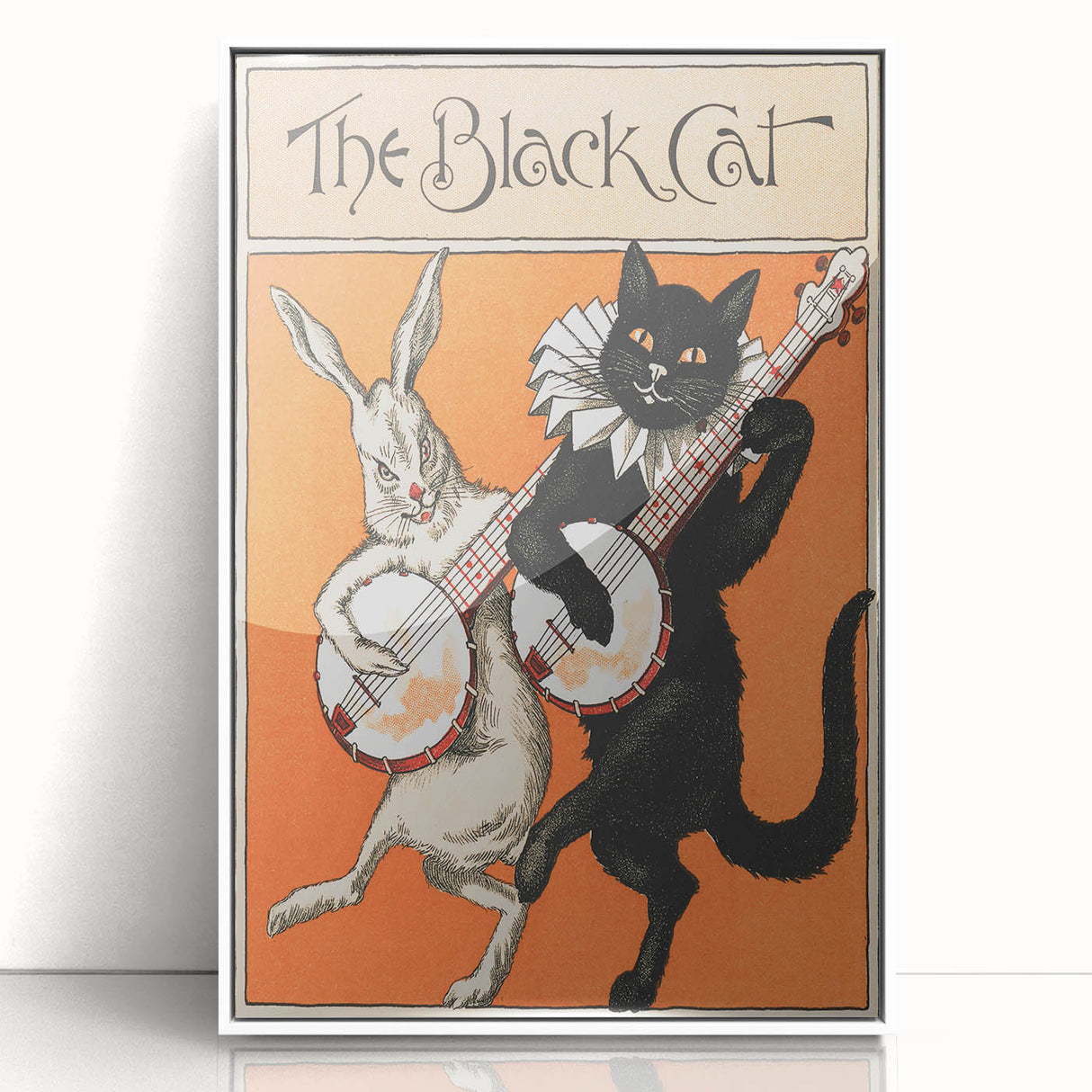 Whimsical Black Cat and Rabbit Grunge Wall Art - Vintage Canvas Print