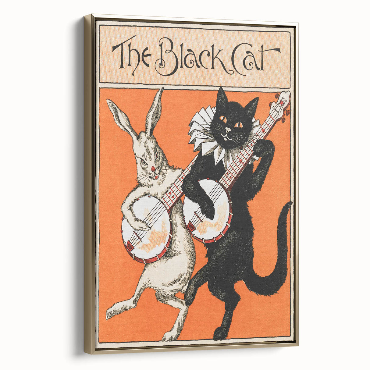 Whimsical Black Cat and Rabbit Grunge Wall Art - Vintage Canvas Print