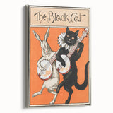Whimsical Black Cat and Rabbit Grunge Wall Art - Vintage Canvas Print