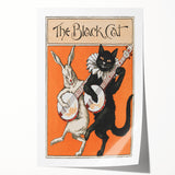 Whimsical Black Cat and Rabbit Grunge Wall Art - Vintage Canvas Print