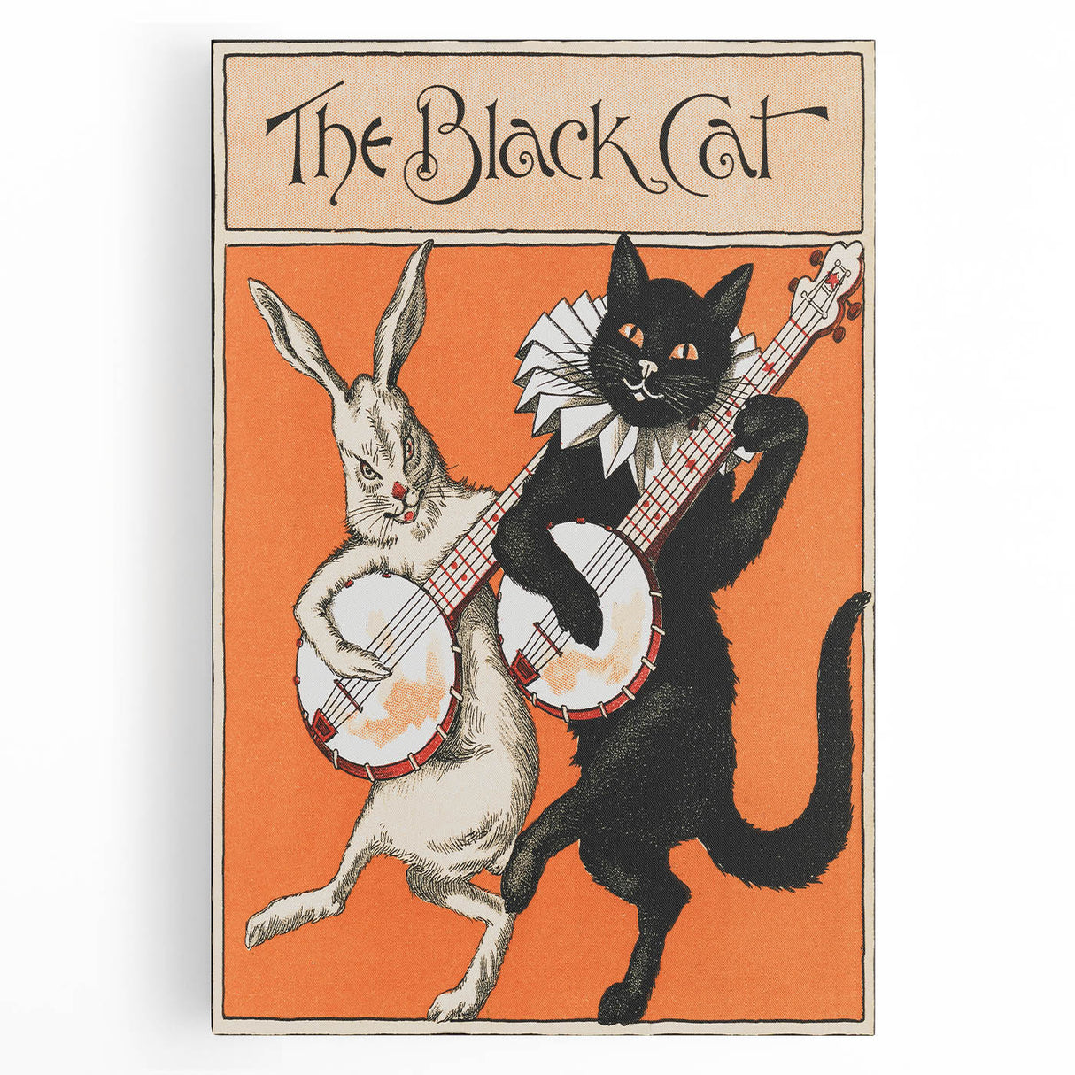 Whimsical Black Cat and Rabbit Grunge Wall Art - Vintage Canvas Print