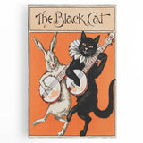 Whimsical Black Cat and Rabbit Grunge Wall Art - Vintage Canvas Print