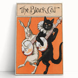 Whimsical Black Cat and Rabbit Grunge Wall Art - Vintage Canvas Print