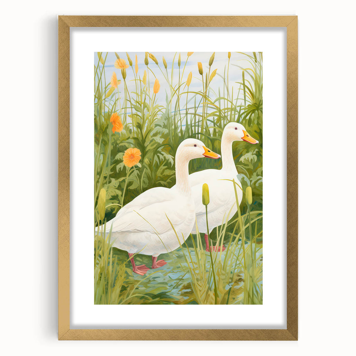 Maximalist Wall Art - Charming Geese in Lush Garden with Green Foliage
