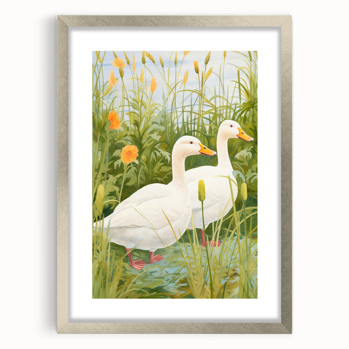 Maximalist Wall Art - Charming Geese in Lush Garden with Green Foliage