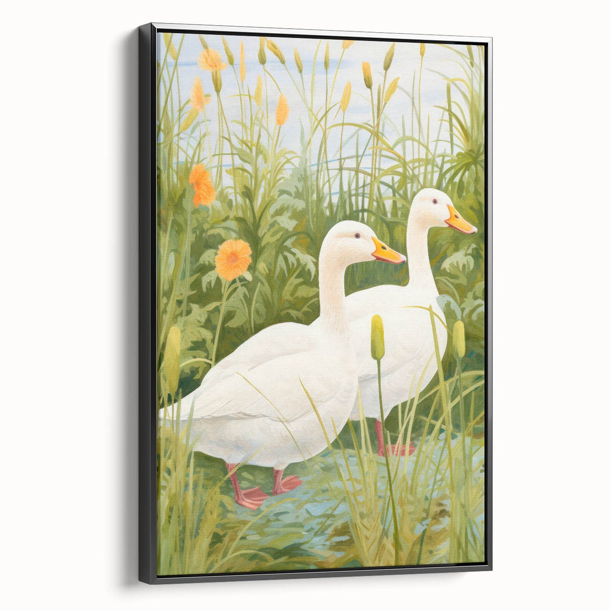 Maximalist Wall Art - Charming Geese in Lush Garden with Green Foliage