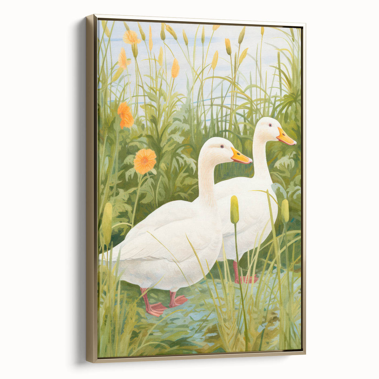 Maximalist Wall Art - Charming Geese in Lush Garden with Green Foliage