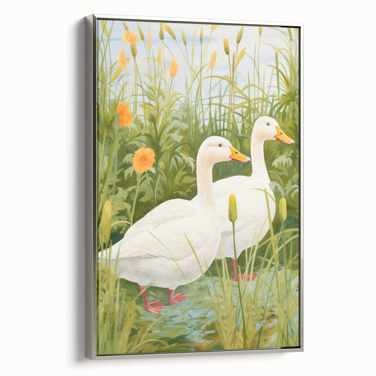 Maximalist Wall Art - Charming Geese in Lush Garden with Green Foliage