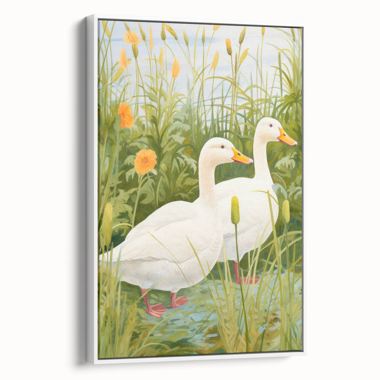 Maximalist Wall Art - Charming Geese in Lush Garden with Green Foliage