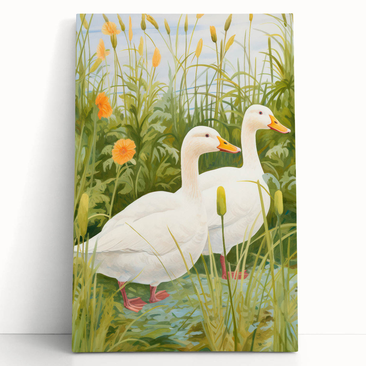 Maximalist Wall Art - Charming Geese in Lush Garden with Green Foliage