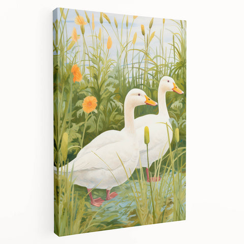 Maximalist Wall Art - Charming Geese in Lush Garden with Green Foliage