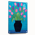 Maximalist Wall Art - Vibrant Tulips in Black Vase with Bold Blue Background
