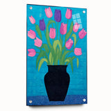 Maximalist Wall Art - Vibrant Tulips in Black Vase with Bold Blue Background