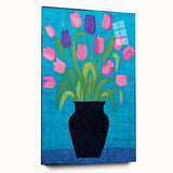 Maximalist Wall Art - Vibrant Tulips in Black Vase with Bold Blue Background