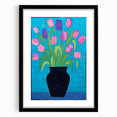 Maximalist Wall Art - Vibrant Tulips in Black Vase with Bold Blue Background