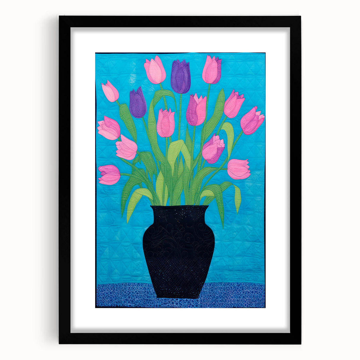 Maximalist Wall Art - Vibrant Tulips in Black Vase with Bold Blue Background