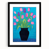 Maximalist Wall Art - Vibrant Tulips in Black Vase with Bold Blue Background