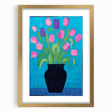 Maximalist Wall Art - Vibrant Tulips in Black Vase with Bold Blue Background