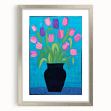 Maximalist Wall Art - Vibrant Tulips in Black Vase with Bold Blue Background