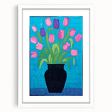 Maximalist Wall Art - Vibrant Tulips in Black Vase with Bold Blue Background