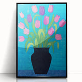 Maximalist Wall Art - Vibrant Tulips in Black Vase with Bold Blue Background