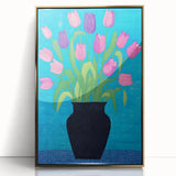 Maximalist Wall Art - Vibrant Tulips in Black Vase with Bold Blue Background