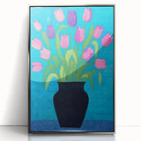 Maximalist Wall Art - Vibrant Tulips in Black Vase with Bold Blue Background
