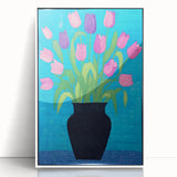 Maximalist Wall Art - Vibrant Tulips in Black Vase with Bold Blue Background