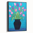 Maximalist Wall Art - Vibrant Tulips in Black Vase with Bold Blue Background