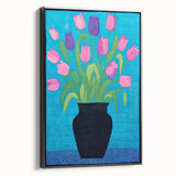 Maximalist Wall Art - Vibrant Tulips in Black Vase with Bold Blue Background