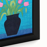 Maximalist Wall Art - Vibrant Tulips in Black Vase with Bold Blue Background