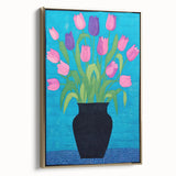 Maximalist Wall Art - Vibrant Tulips in Black Vase with Bold Blue Background