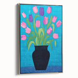Maximalist Wall Art - Vibrant Tulips in Black Vase with Bold Blue Background