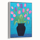 Maximalist Wall Art - Vibrant Tulips in Black Vase with Bold Blue Background
