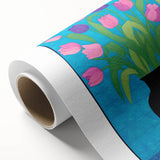 Maximalist Wall Art - Vibrant Tulips in Black Vase with Bold Blue Background